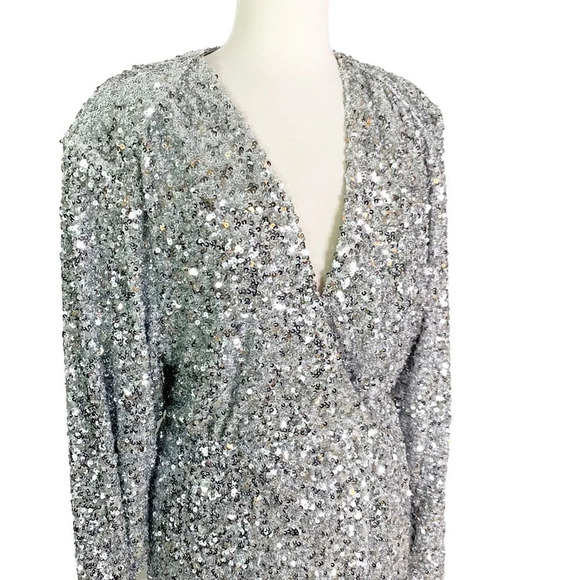 ROTATE BIRGER CHRISTENSEN Samantha Sequined Stretch Mini Wrap Dress Silver 4 - Picture 6 of 13